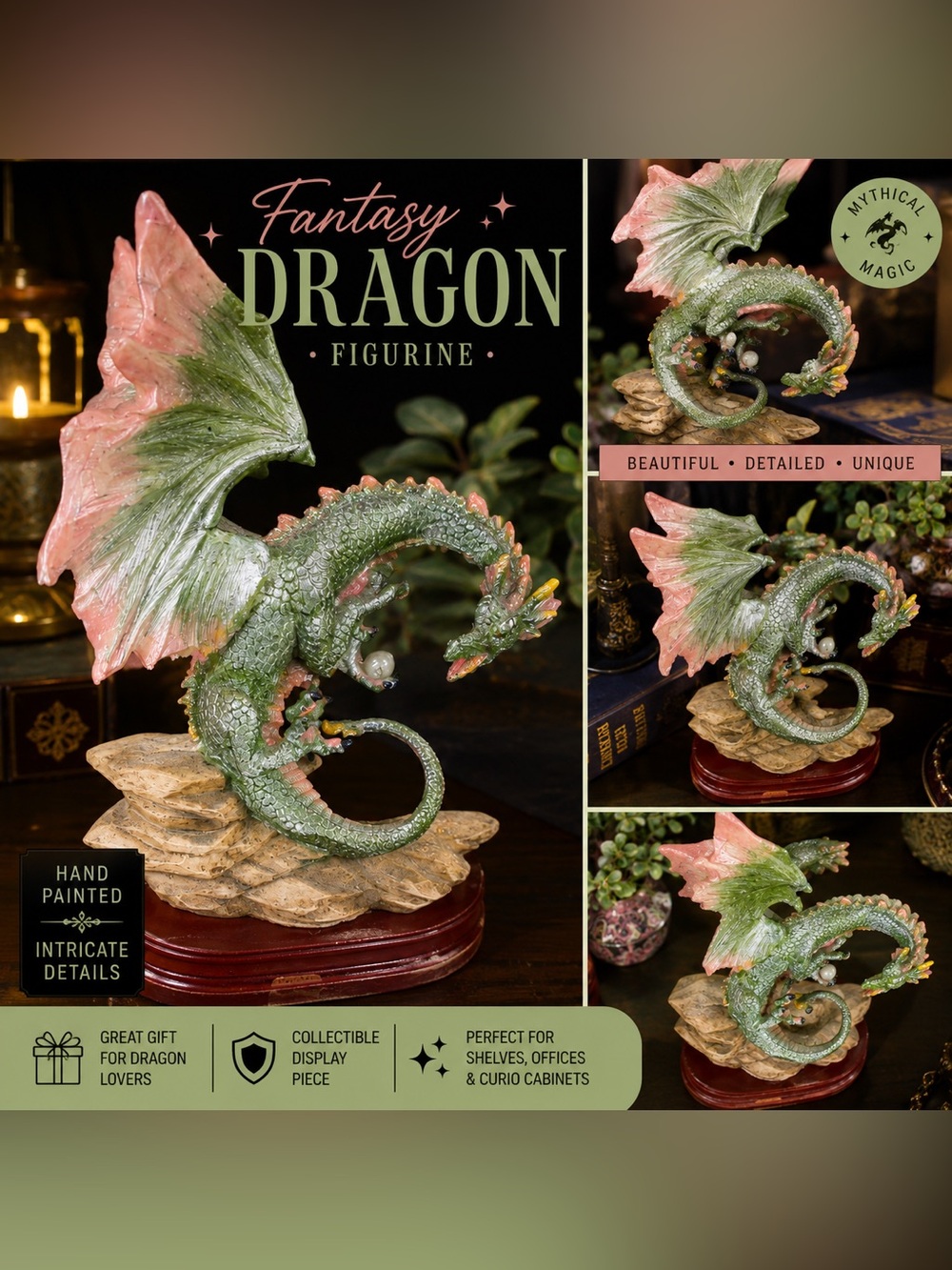 Fantasy Dragon Figurine Collectible Statue | Hand painted | Mythical Home Decor